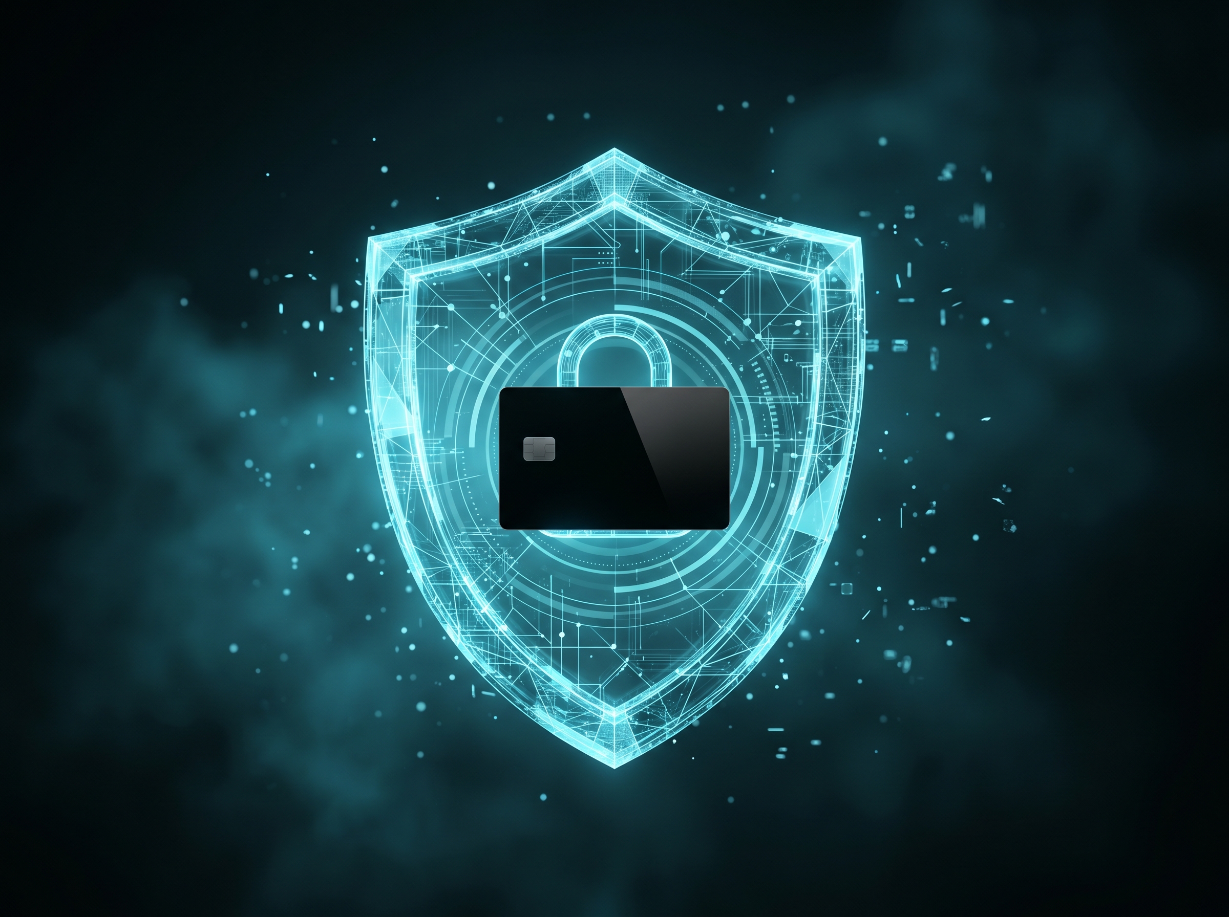 A glowing cyan security shield protecting the Kash card